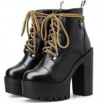 Black Yellow Lace Up Platforms Punk Rock Chunky Heels Boots Shoes