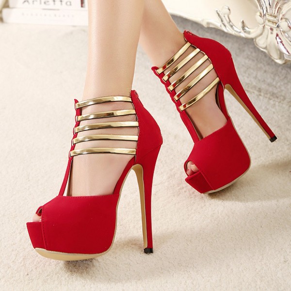 Red Suede Metal Stripes Platforms T Strap Stiletto High Heels Sandals
