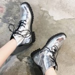 Silver Metallic Mirror Lace Up High Top Punk Rock Gothic Military Combat Boots Shoes