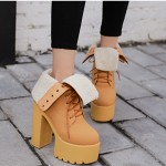 Khaki Woolen Flap Chunky Sole Block High Heels Platforms Boots Shoes