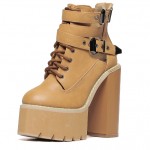 Khaki Strap Buckles Chunky Sole Block High Heels Platforms Boots Shoes