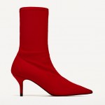 Red Stretchy Satin Socks Glove Point Head Kitten Heels Ankle Boots Shoes
