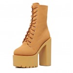 Khaki Woolen Flap Chunky Sole Block High Heels Platforms Boots Shoes