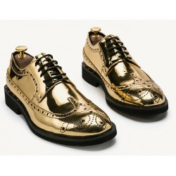 Gold Mirror Metallic Shiny Baroque Lace up Dappermen Mens Oxfords Shoes