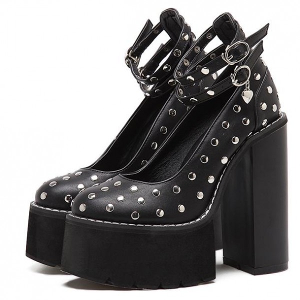 Black Mary Jane Round Head Studs Punk Rock Platforms High Heels Shoes