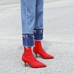 Red Stretchy Satin Socks Glove Point Head Kitten Heels Ankle Boots Shoes