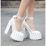 White Mary Jane Round Head Studs Punk Rock Platforms High Heels Shoes