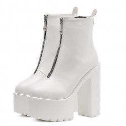 White Zipper Chunky Sole Block High Heels Platforms Boots Shoes