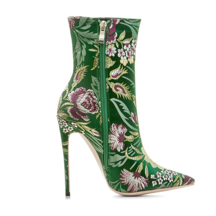 Green Satin Embroidered Floral Point Head Ankle Stiletto High Heels ...