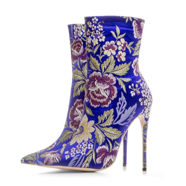 Blue Royal Satin Embroidered Floral Point Head Ankle Stiletto High ...