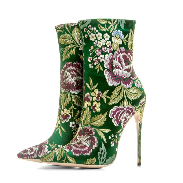 Green Satin Embroidered Floral Point Head Ankle Stiletto High Heels ...