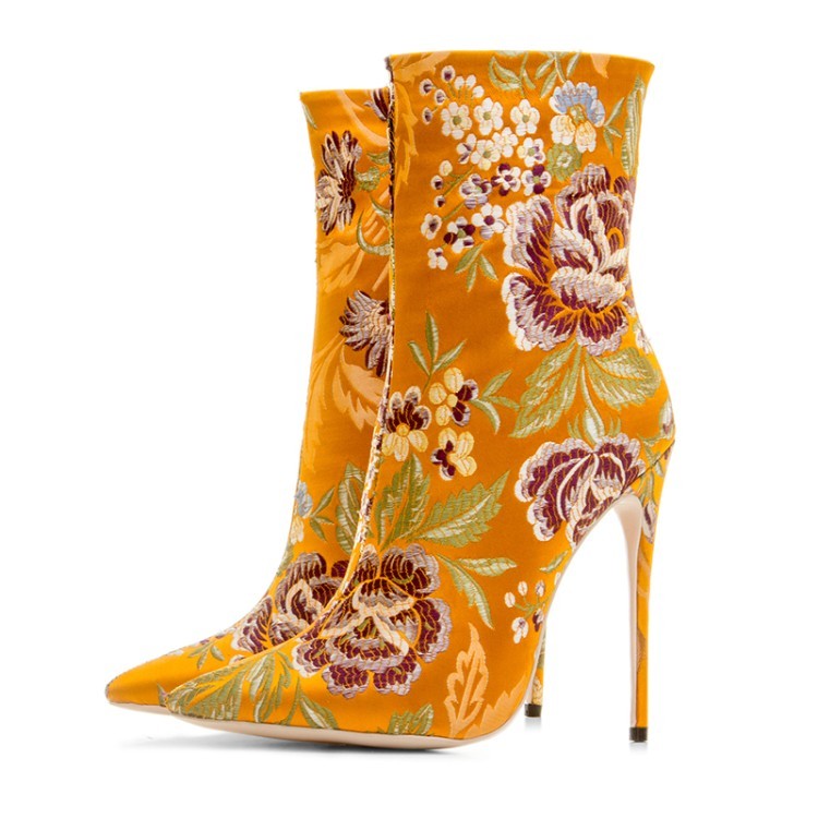 Yellow Satin Embroidered Floral Point Head Ankle Stiletto High Heels ...