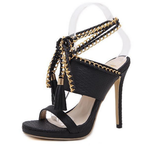 Black Gold Metal Chain Tassels Straps Stiletto High Heels Sandals Shoes
