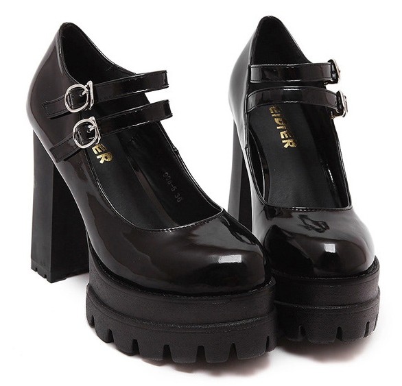 Black Patent Chunky Cleated Platforms Sole Block High Heels Shoes