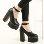 Black Chunky Cleated Platforms Sole Block High Heels Shoes