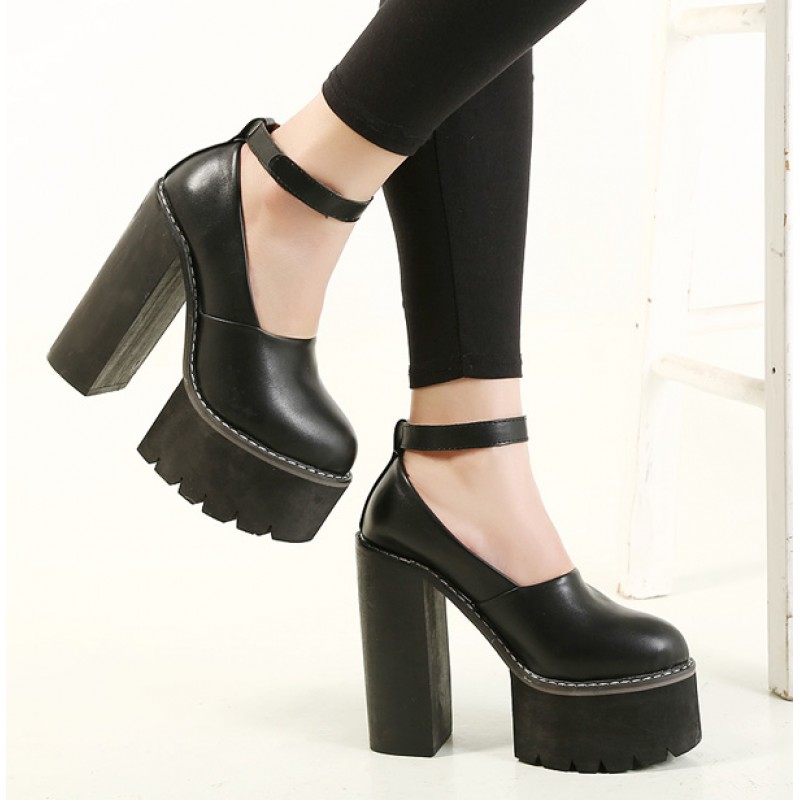 Black Chunky Cleated Platforms Sole Block High Heels Shoes