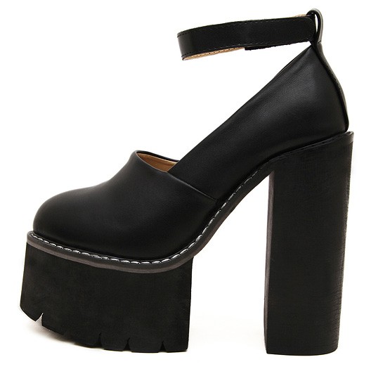 Black Chunky Cleated Platforms Sole Block High Heels Shoes