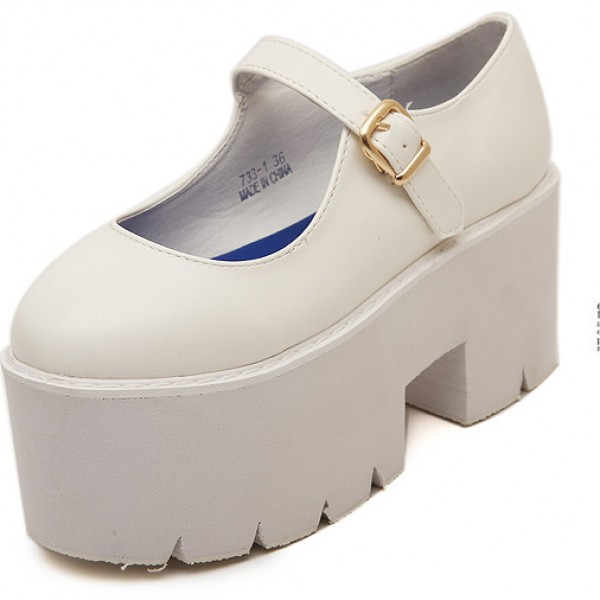 White Mary Jane Chunky Cleated Platforms Sole Flats Shoes