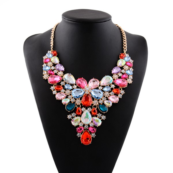Rainbow Colorful Fancy Crystals Gemstones Glamorous Flowers Floral Necklace