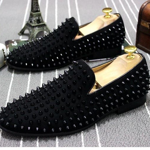 Black Suede Spike Studs Punk Rock Mens Loafers Flats Dress Shoes