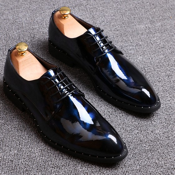 Blue Black Glossy Patent Leather Studs Lace Up Oxfords Flats Dress Shoes