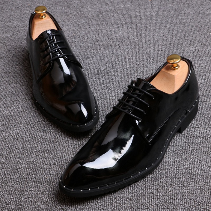 Black Glossy Patent Leather Studs Lace Up Oxfords Flats Dress Shoes