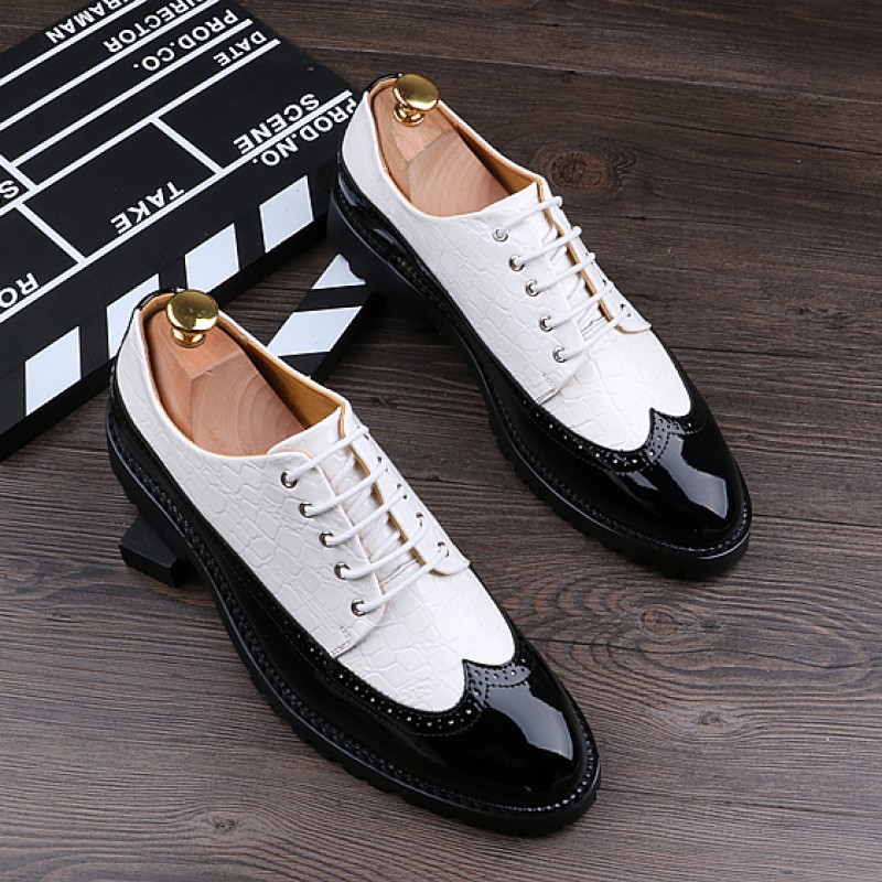 Black White Glossy Patent Leather Lace Up Oxfords Flats