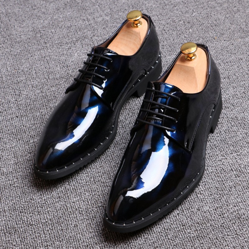 Blue Black Glossy Patent Leather Studs Lace Up Oxfords