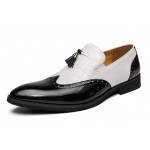 Black White Tassels Glossy Patent Pointed Head Loafers Flats Dress Shoes