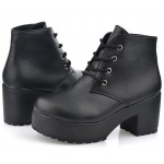 Black Lace Up Ankle Platforms Block Heels Sole Boots