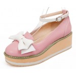 Pink White Bow Platforms Ballets Ballerina Wedges Lolita Flats Loafers Shoes