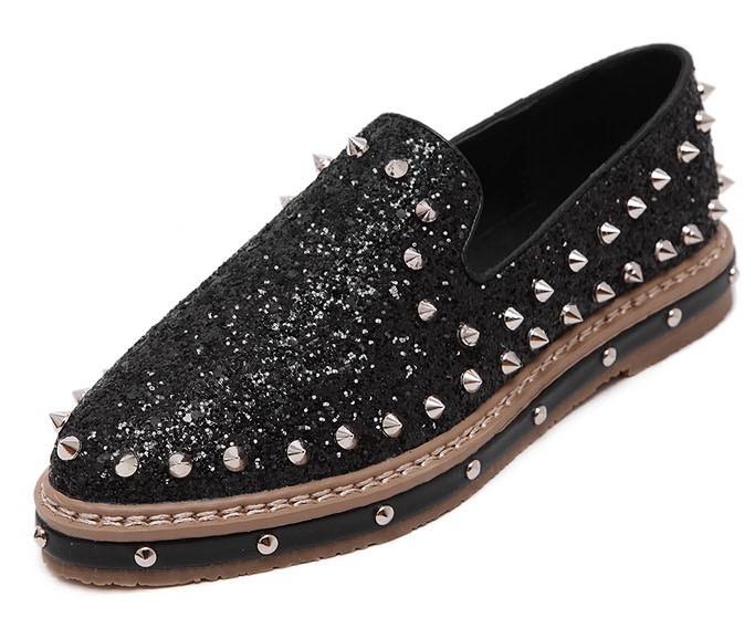 Black Glittering Bling Bling Spikes Studs Punk Rock Loafers Flats Shoes