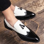 Black White Tassels Glossy Patent Pointed Head Loafers Flats Dress Shoes