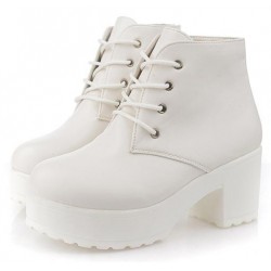 White Lace Up Ankle Platforms Block Heels Sole Boots