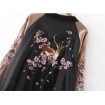 Black Pink Satin Embroidery Blossoms Deer Baseball Aviator Bomber Rider Jacket