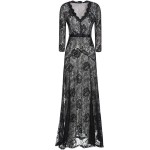 Black Sexy Lace Long Sleeves Goddess Cocktail Bridal Mermaid Tail Maxi Dress Gown