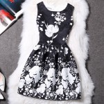 Black White Flowers Retro Sleeveless A Line Skater Mini Party Cocktail Skirt Dress