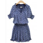 Blue Bohemian Retro Beach V Neck Short Sleeves Shirt Mini Skirt Dress