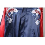 Blue Red Satin Embroidery Koi Fish Baseball Aviator Bomber Rider Jacket