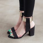 Black Suede Gold Ankle Straps Block Heels Pump Gladiator Sandals Shoes