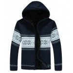 Blue Navy Snowflakes Knitted Long Sleeves Mens Cardigan Hoodie Hooded Jacket