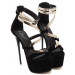 Black Suede Gold Swril Straps Platforms Gold Stiletto High Heels Sandals Shoes
