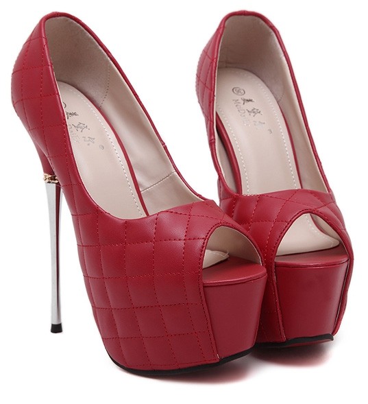 Red Quilted Peep Toe Platforms Metal Stiletto High Heels Shoes