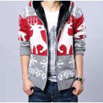 Red Snowflakes Reindeers Knitted Long Sleeves Mens Cardigan Hoodie Hooded Jacket