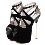 Black Suede Peeptoe Ankle Straps Platforms Gold Stiletto High Heels Sandals Shoes