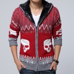 Red Skulls Skeleton Knitted Long Sleeves Mens Cardigan Hoodie Hooded Jacket
