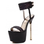 Black Glitter Ankle Straps Bridal Platforms Gold Stiletto High Heels Sandals Shoes