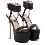 Black Glitter Ankle Straps Bridal Platforms Gold Stiletto High Heels Sandals Shoes