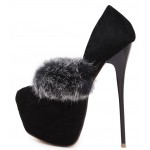 Black Suede Quilted Suede Rabbit Fur Platforms Stiletto High Heels Shoes