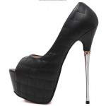 Black Quilted Peep Toe Platforms Metal Stiletto High Heels Shoes